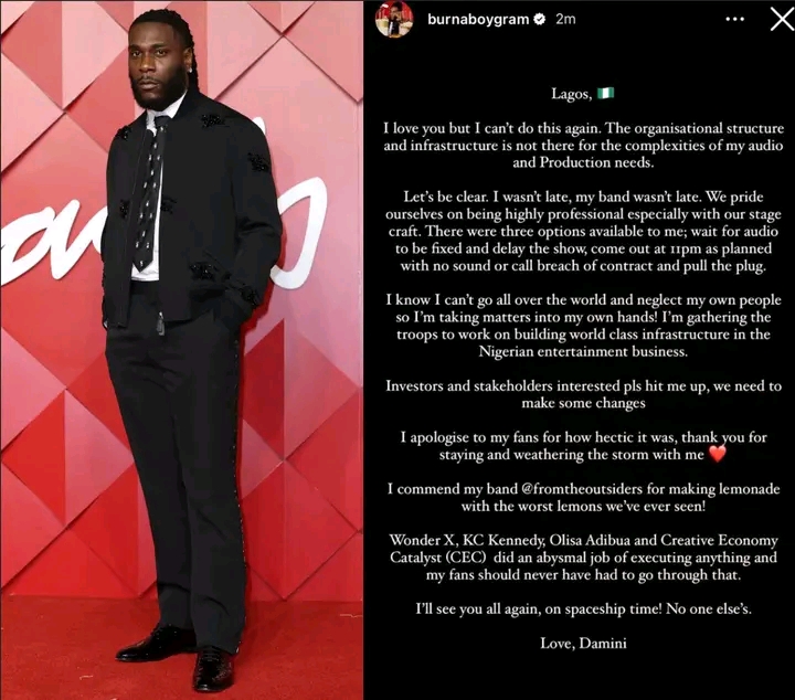 Burna boy apologise for show delay Tvafrinet